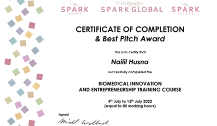 Ms. Nailil Husna, 1st year student, won the Best Pitch Award at the 2022 Biomedical Innovation and Entrepreneurship Training Course for SPARK Asia and Oceania.