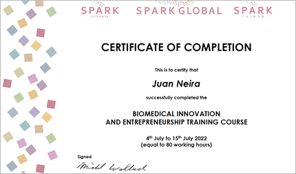 Juan Carlos Neira Almanzaさん（ヒューマニクス3年生）が、2022 Biomedical Innovation and Entrepreneurship Training Course for SPARK Asia and Oceaniaを修了しました。